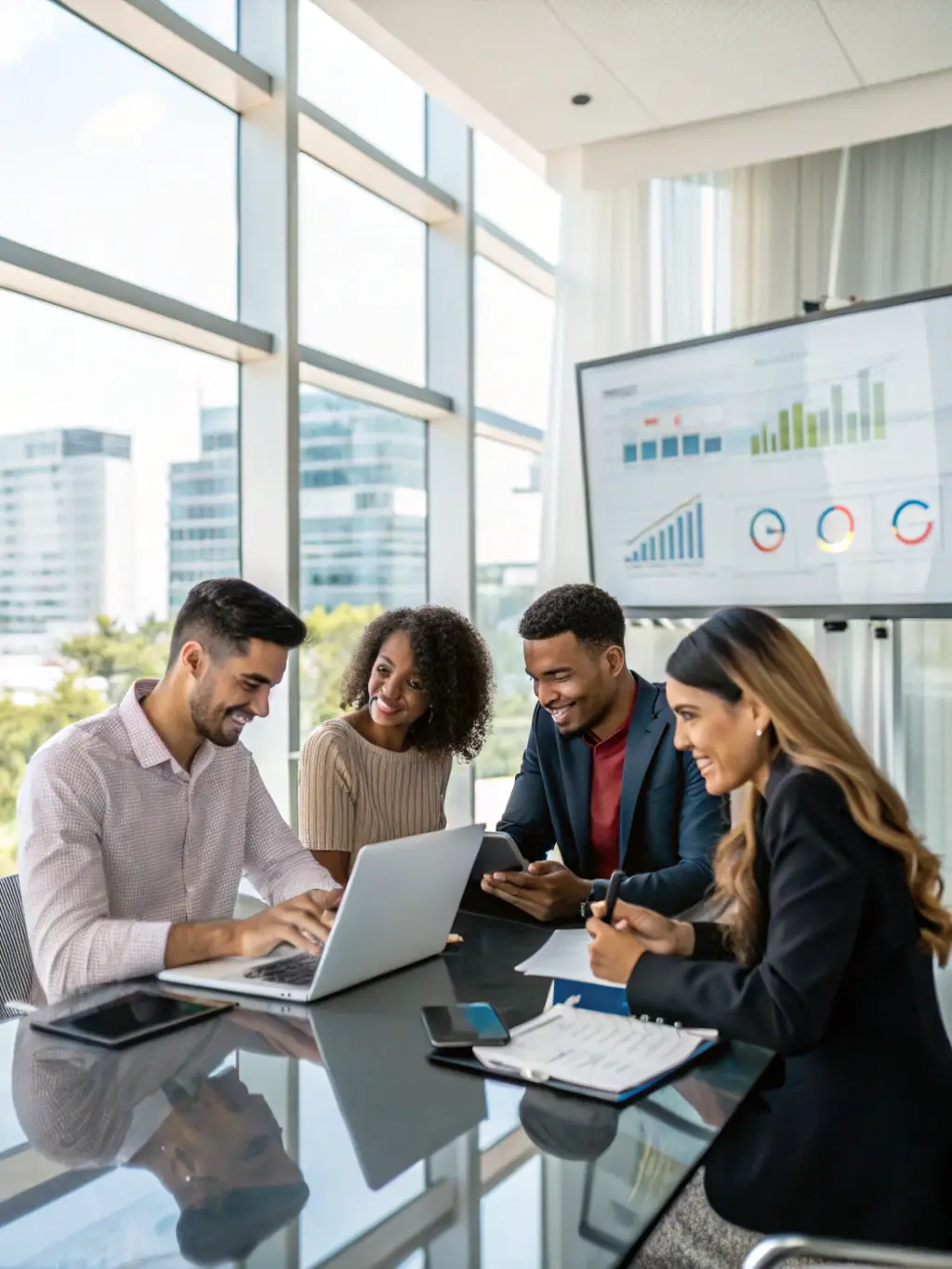 An image of a team collaborating around a table with printed sales playbooks and digital devices, illustrating strategic planning.