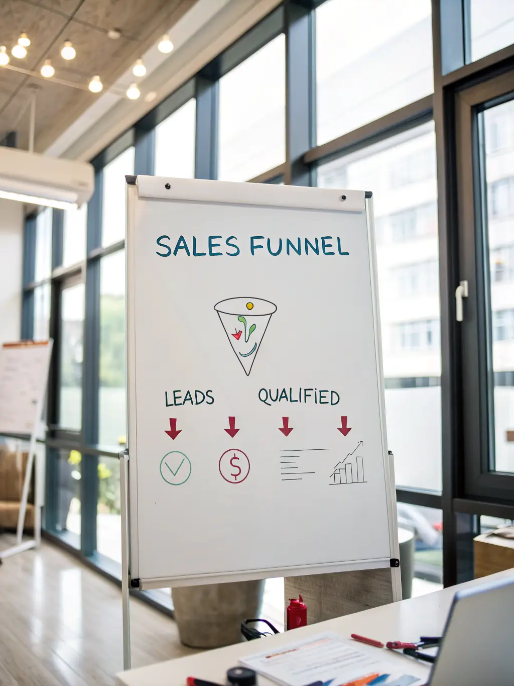 A visual of a sales funnel diagram with stages and metrics, representing process optimization.